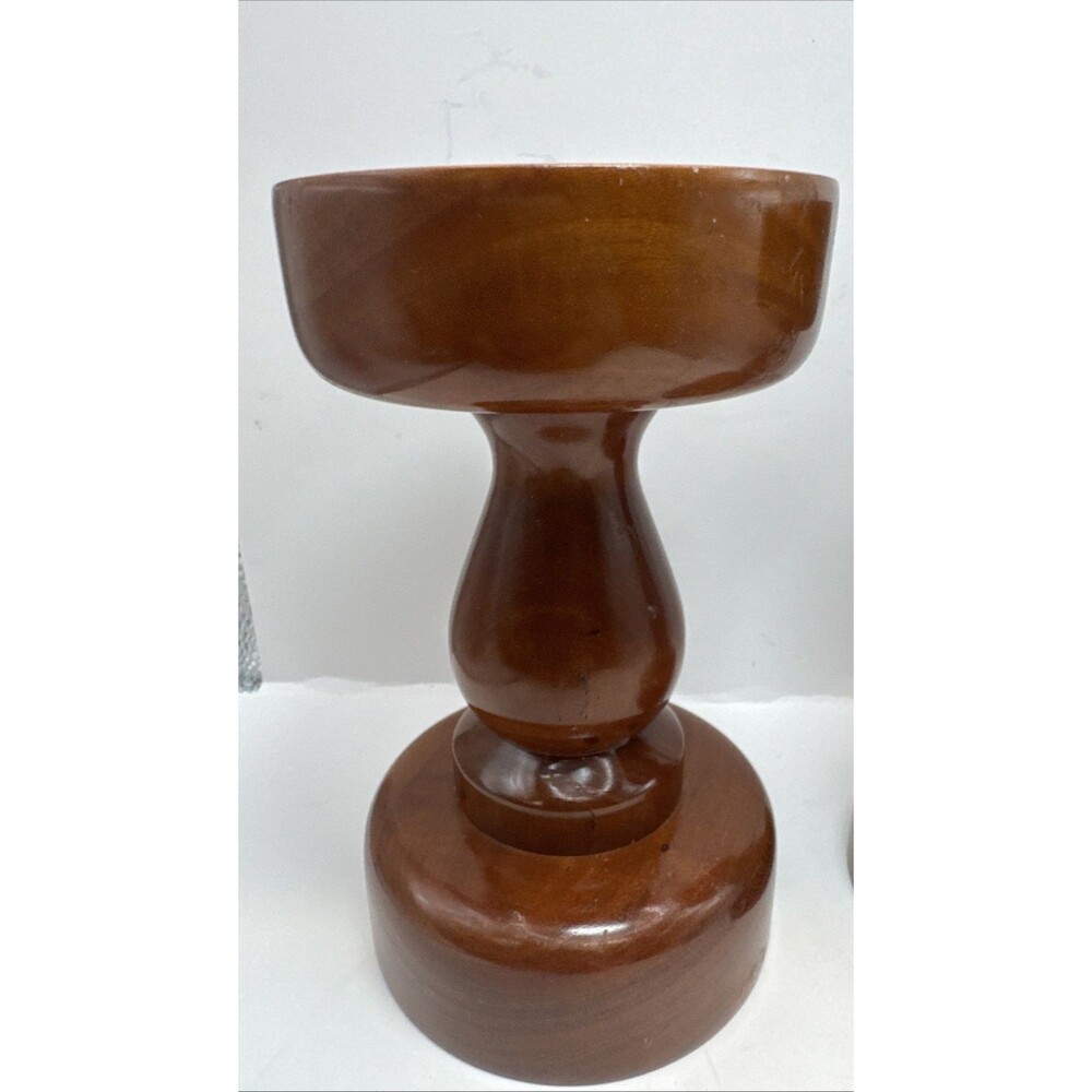 Pair Heavy VTG MCM Hardwood Pillar Candlesticks Hand Turned Signed 6.5 Inches - Picture 2 of 6